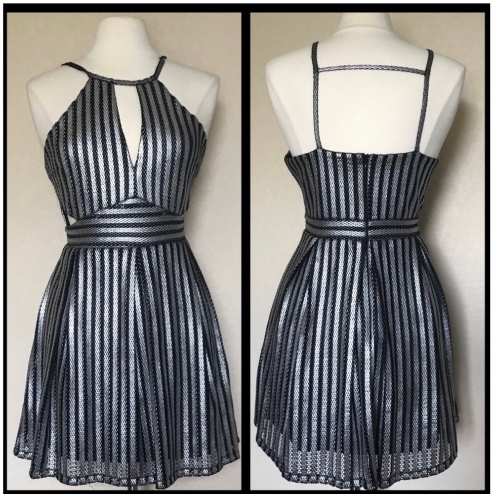 Boohoo Women’s Black and Silver Mesh Skater Dress